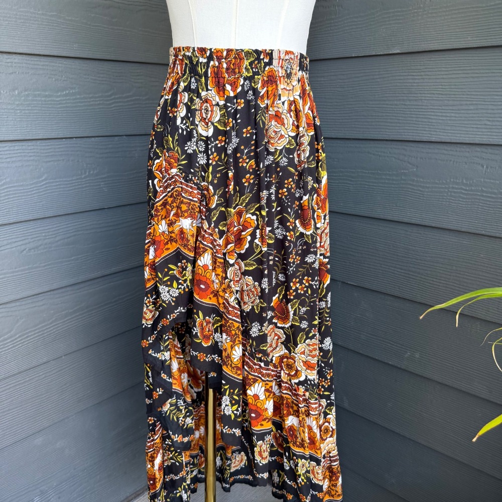 Frille Rose Floral High Low Maxi Skirt Boho Festival Western Viscose Small